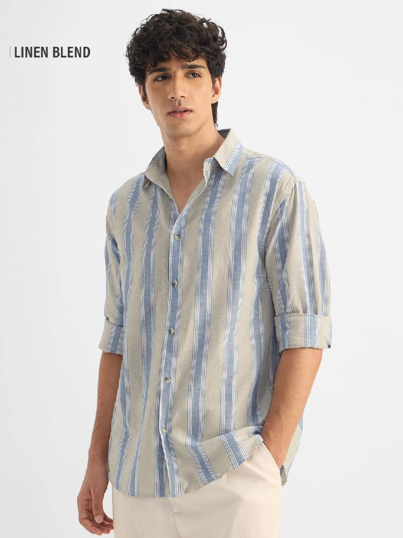 Men's Blue Casual Striped Regular Fit Shirt