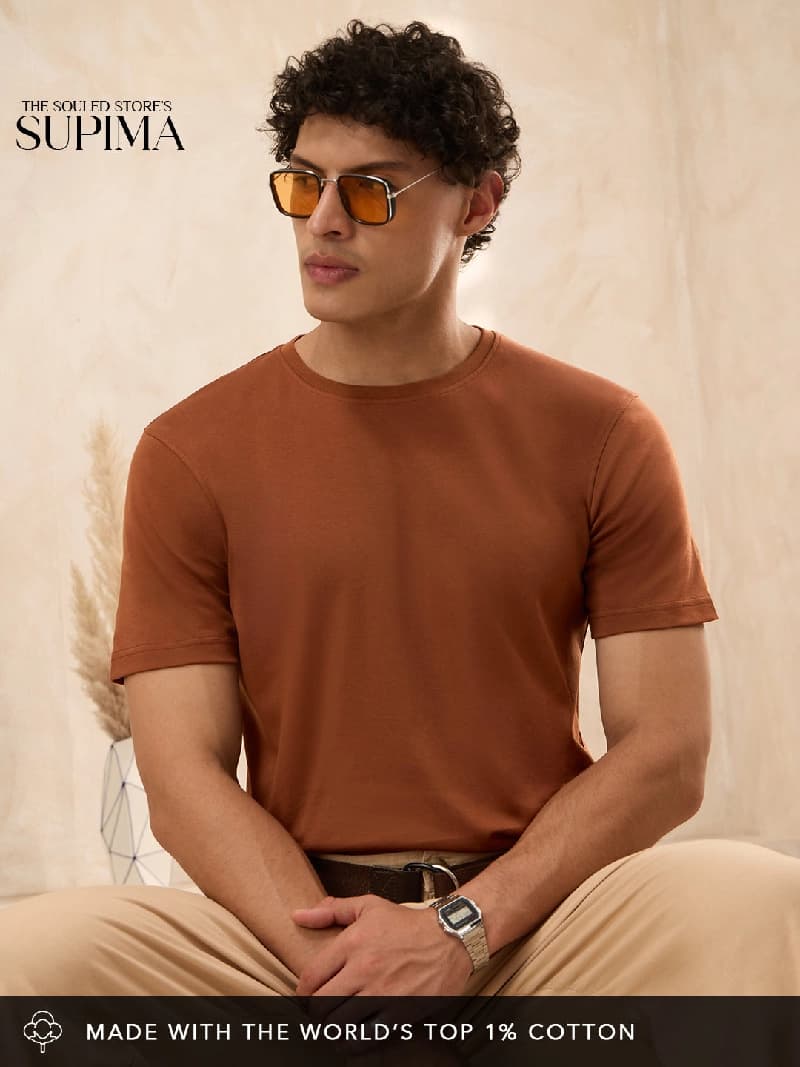 Men's Brown Casual Solid Regular Fit Tshirt