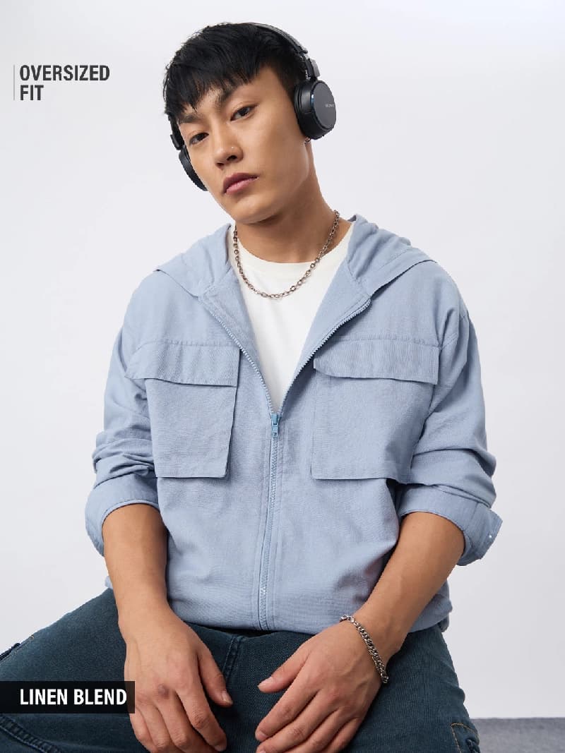 Men's Blue Casual Solid Oversized Fit Jacket