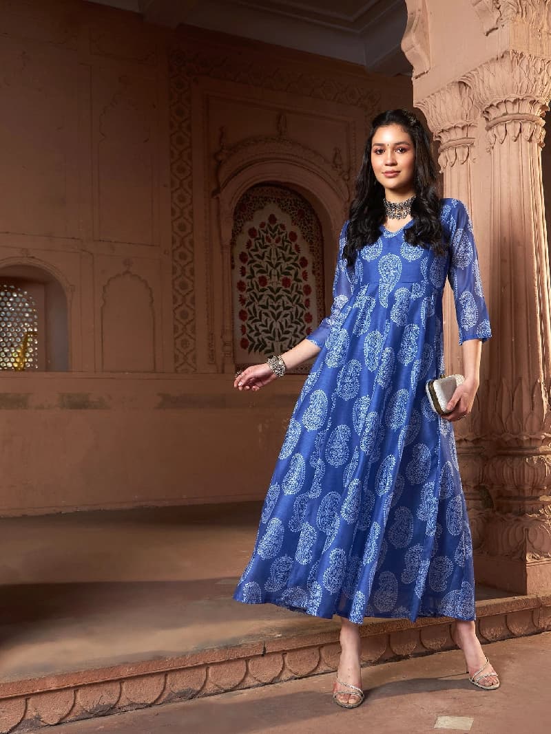 Women's Blue Festive Printed Fit & Flared Kurta