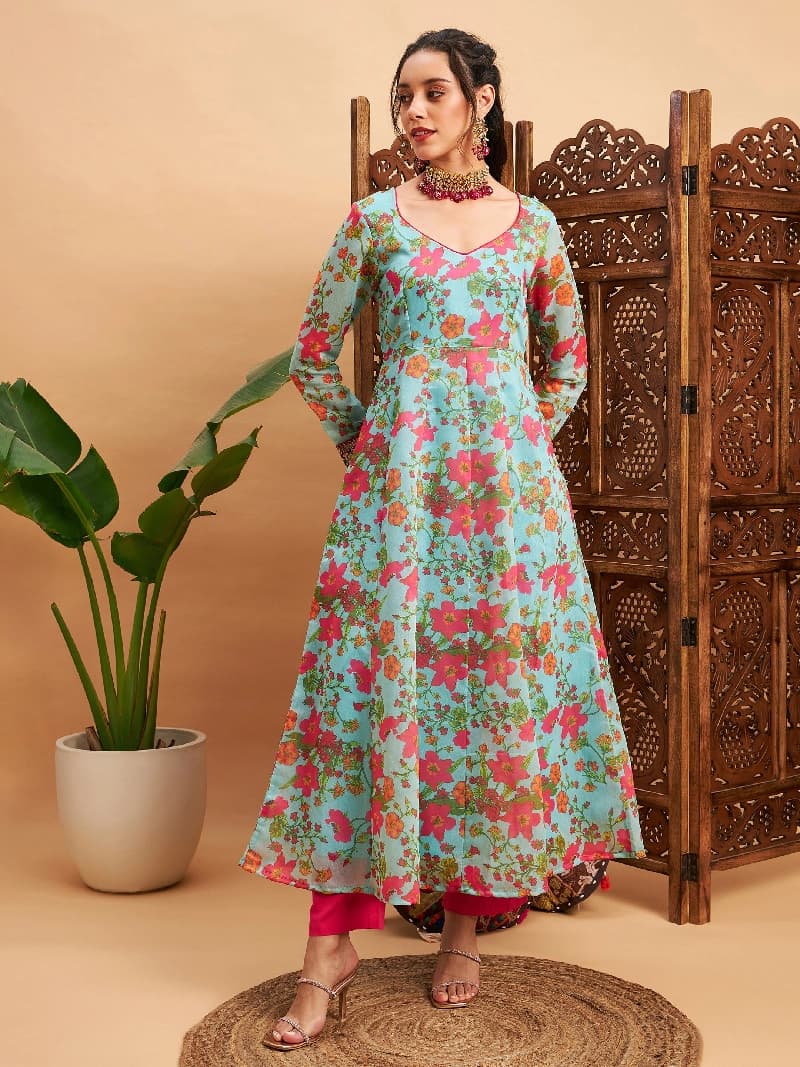 Women's Blue Festive Printed Fit & Flared Kurta