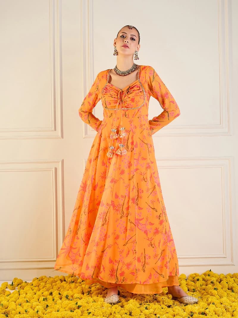 Women's Mustard Tropical Printed Front Dori Long Anarkali