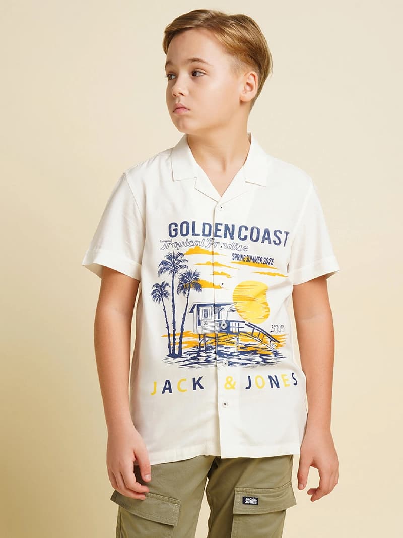 Boys White Printed Regular Fit Casual Shirt