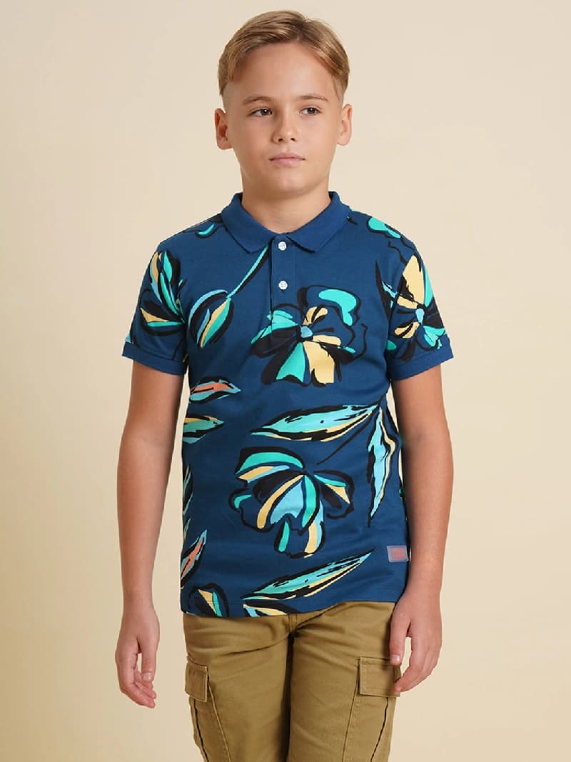 Boys Blue Printed Casual Polo Tshirt