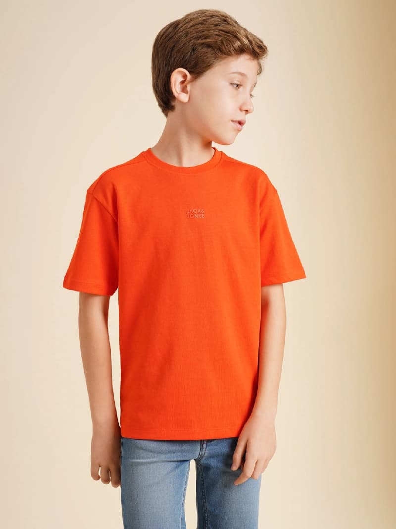 Boys Orange Printed Regular Fit Casual Tshirt