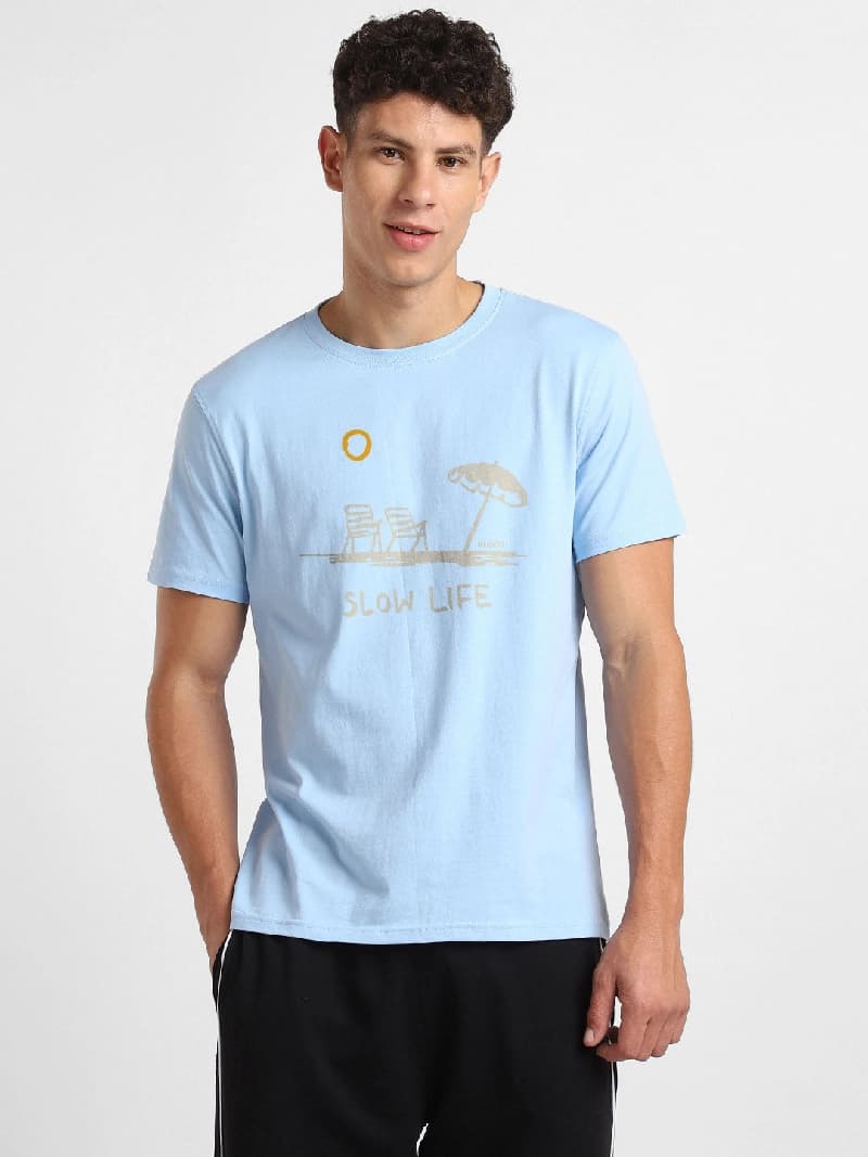 Men's Blue Casual Printed Regular Fit Tshirt