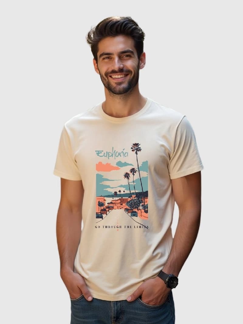 Men's Beige Casual Printed Regular Fit Tshirt