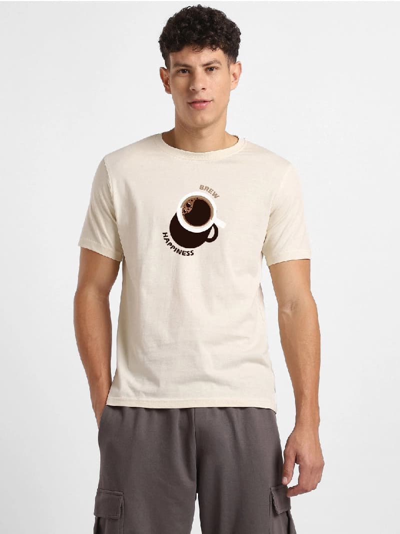 Men's Beige Casual Printed Regular Fit Tshirt