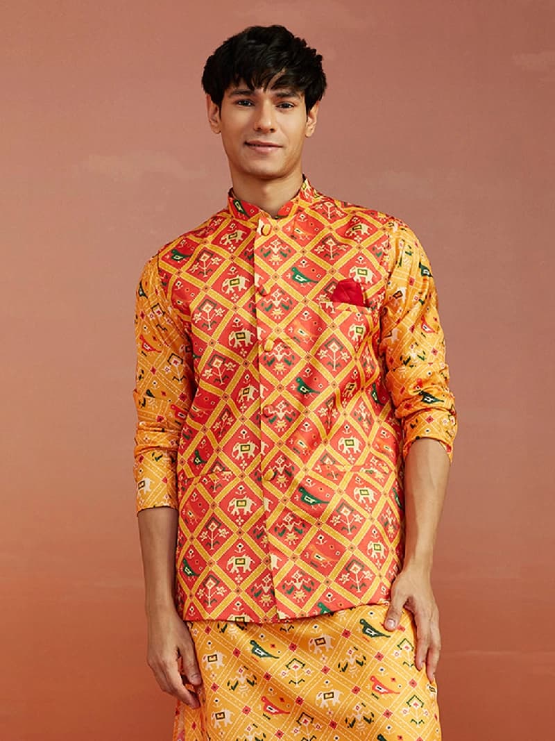 Men's Red Festive Printed Nehru Jacket