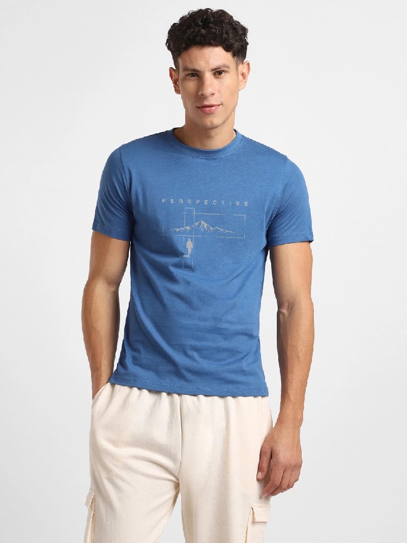 Men's Blue Casual Printed Regular Fit Tshirt