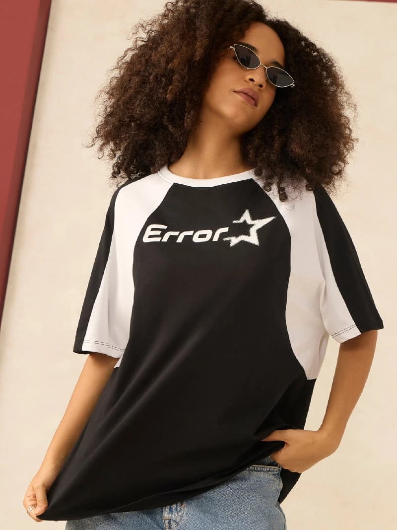 Women's Black Casual Printed Regular Fit Tshirt