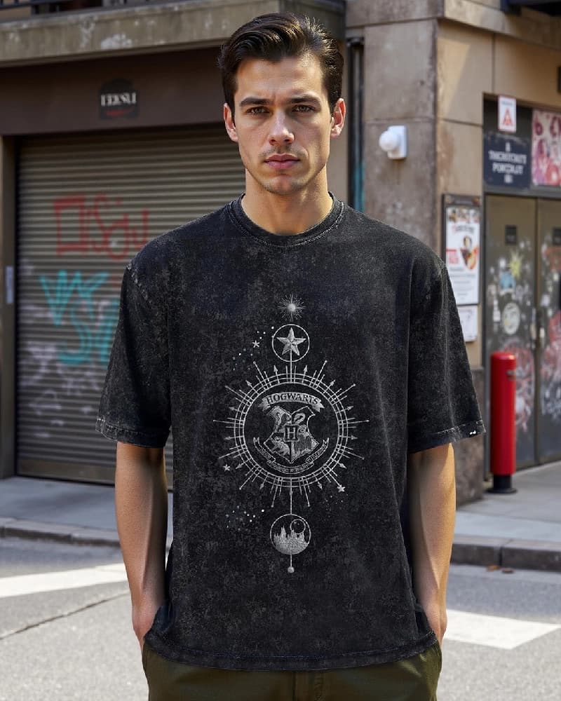 Men's Black Casual Printed Oversized Fit Tshirt
