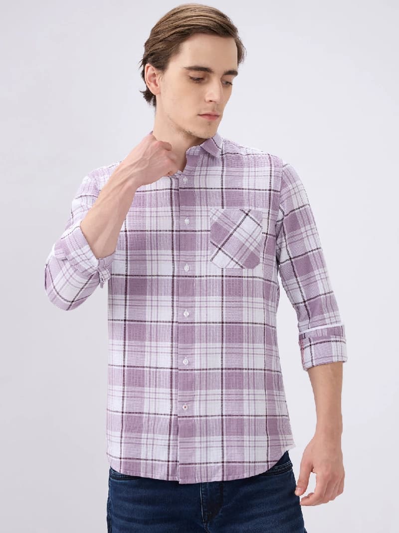 Men's Purple Casual Checked Slim Fit Shirt