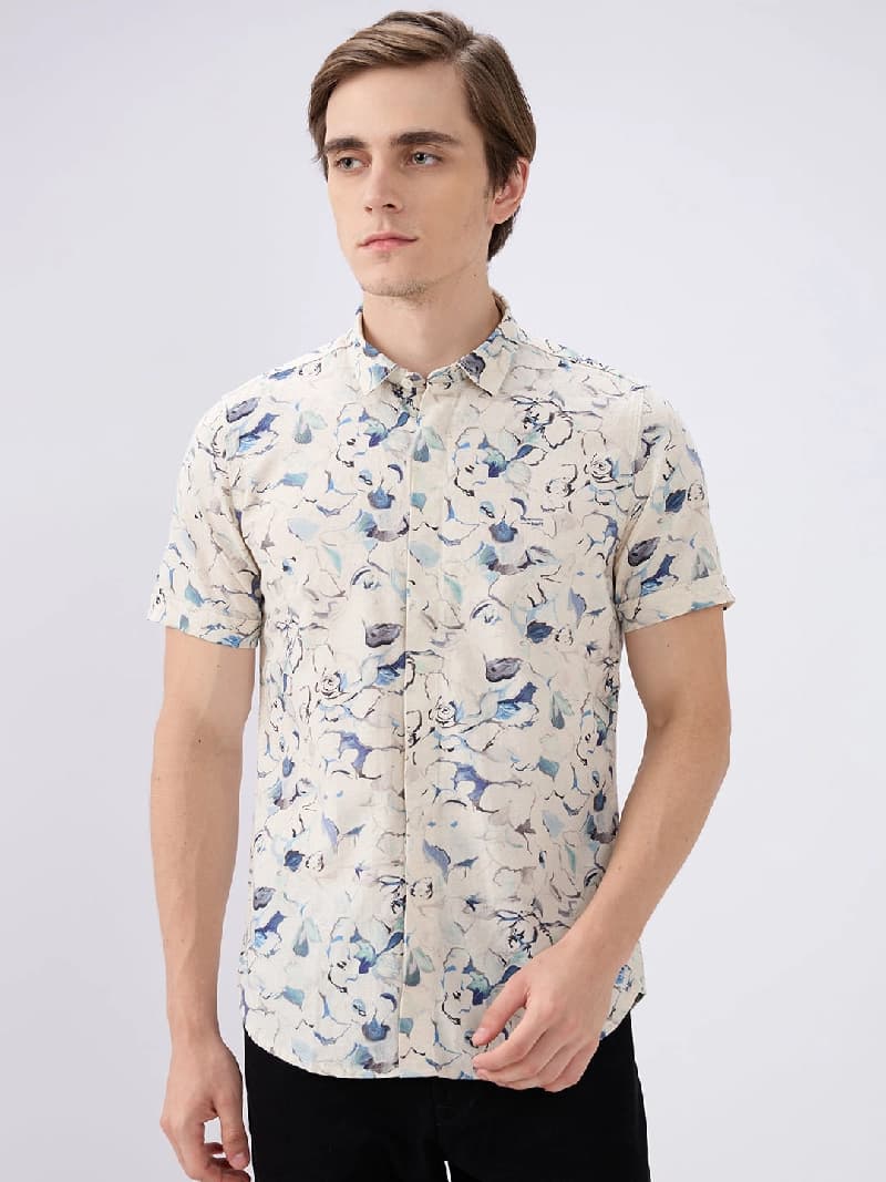 Men's Blue Casual Printed Slim Fit Shirt