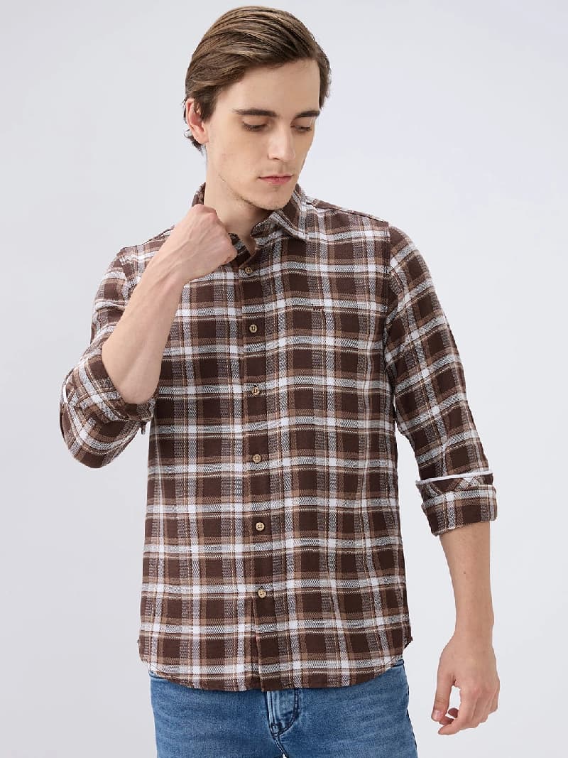 Men's Brown Casual Checked Slim Fit Shirt