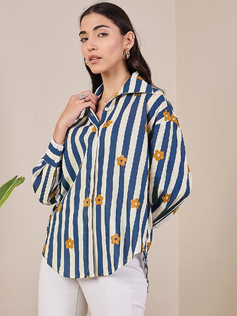 Women's Blue Casual Printed Regular Fit Shirt