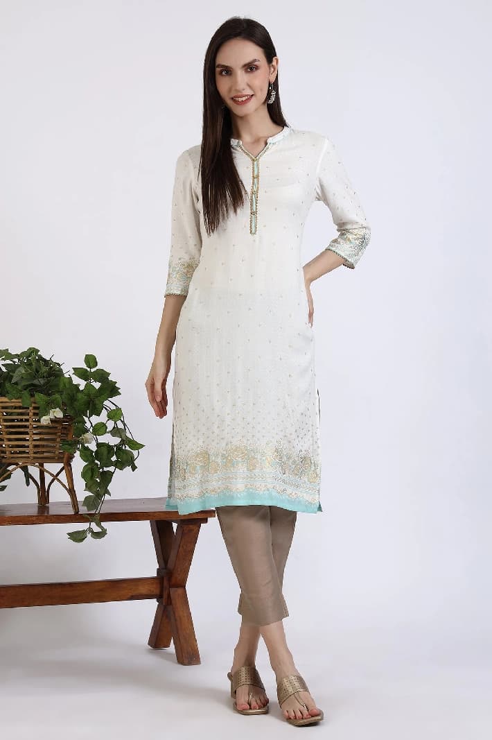 Women's White Casual Printed Regular Fit Kurta