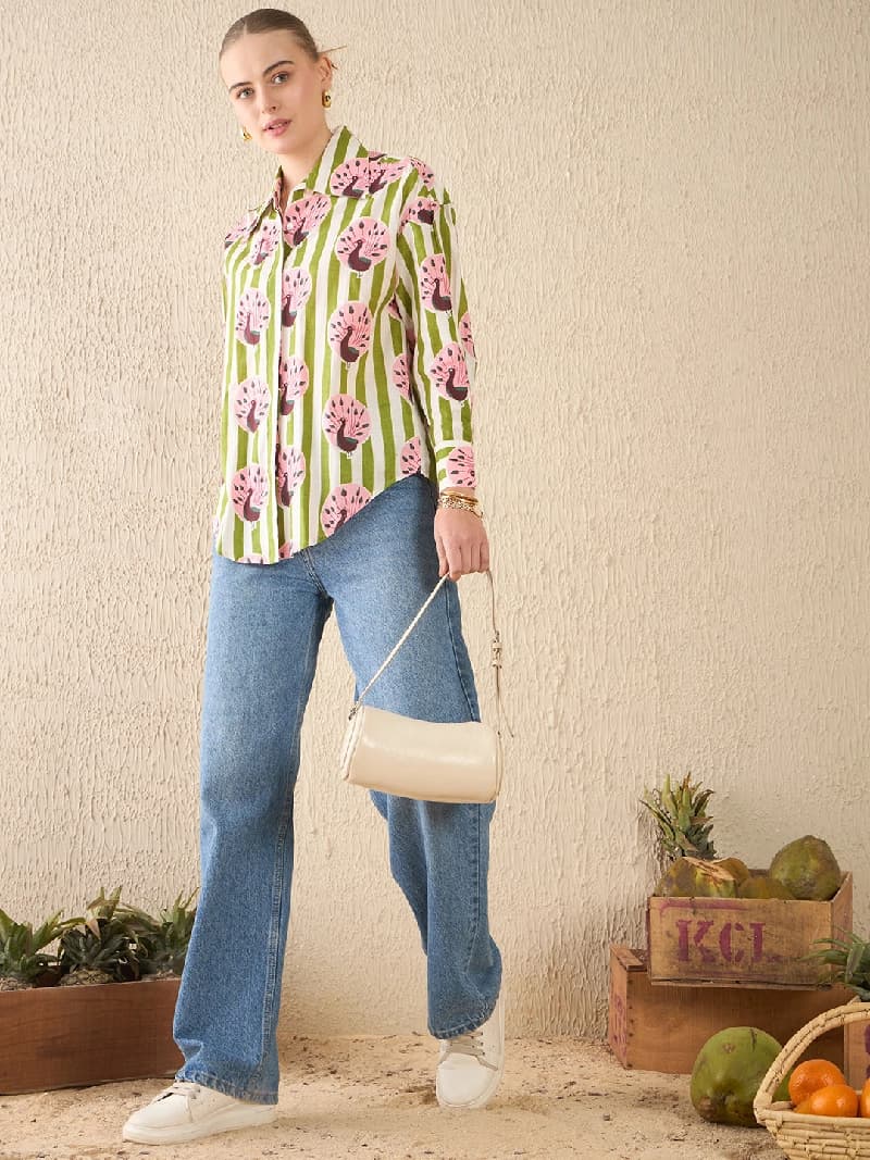 Women's Green Casual Printed Regular Fit Shirt