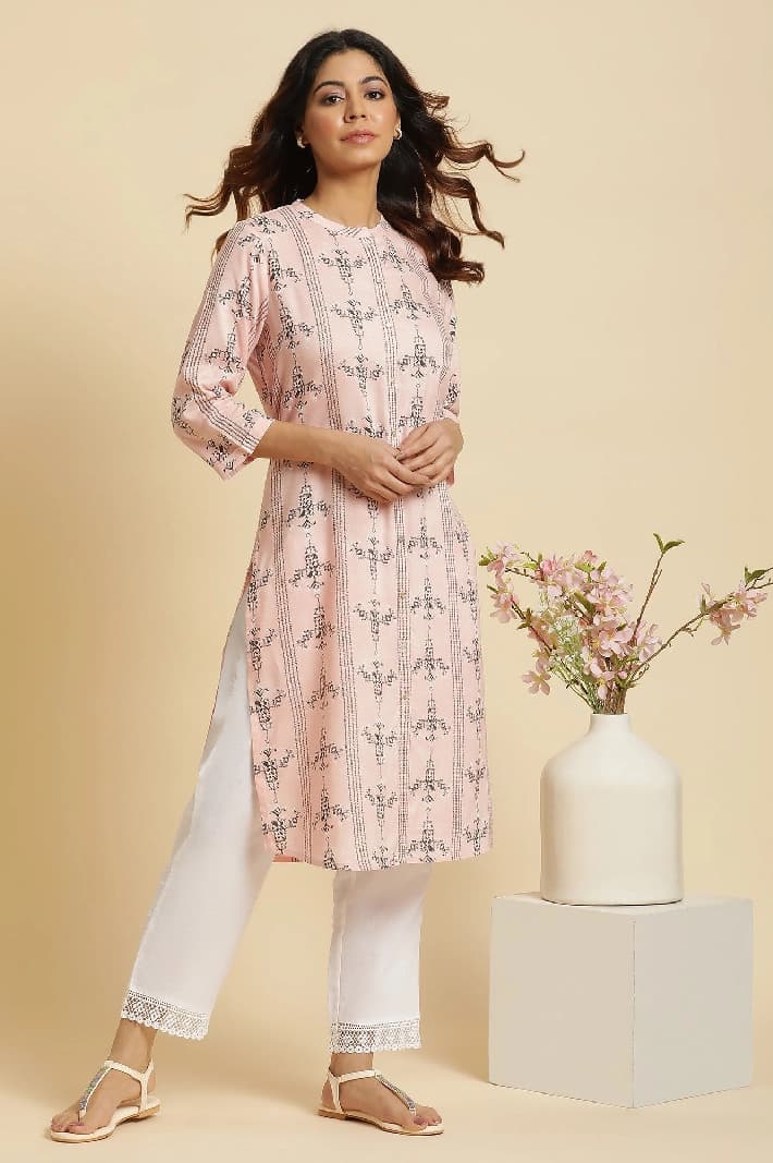 Women's Pink Casual Printed Regular Fit Kurta