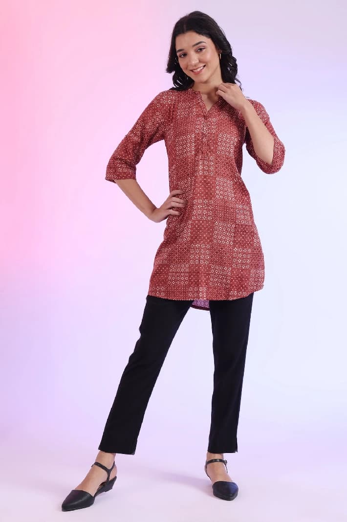 Women's Brown Casual Printed Regular Fit Kurti