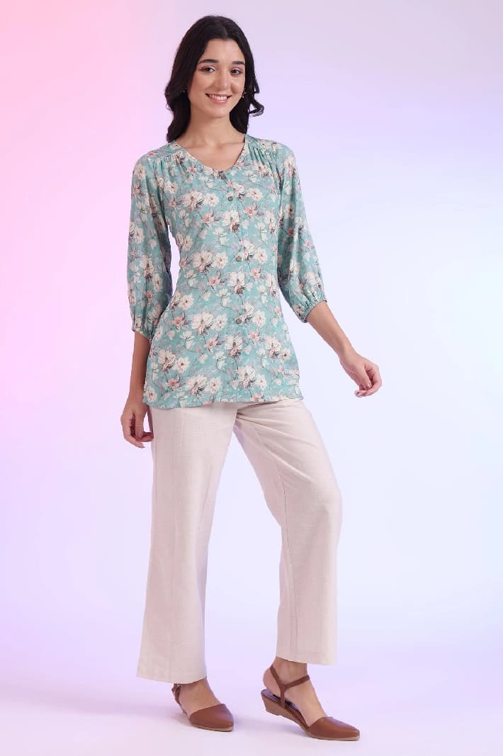 Women's Blue Casual Printed Regular Fit Kurti