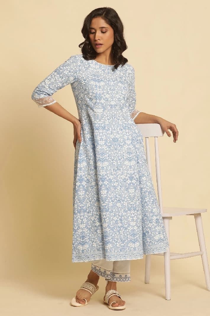 Women's Blue Casual Printed Regular Fit Kurta