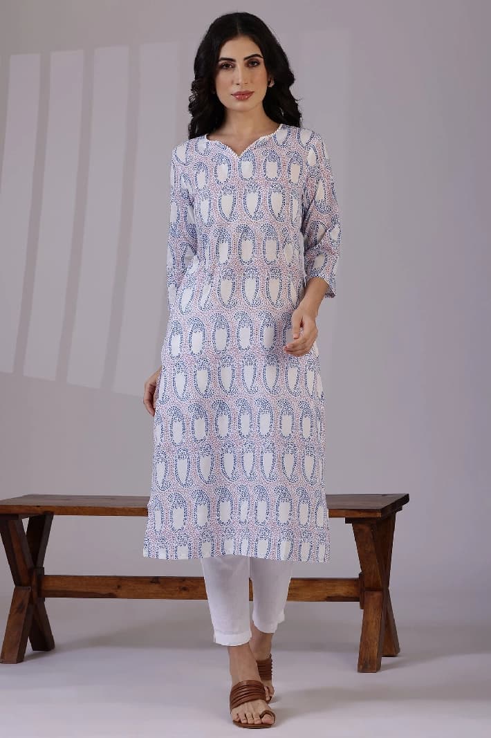 Women's White Casual Printed Regular Fit Kurta