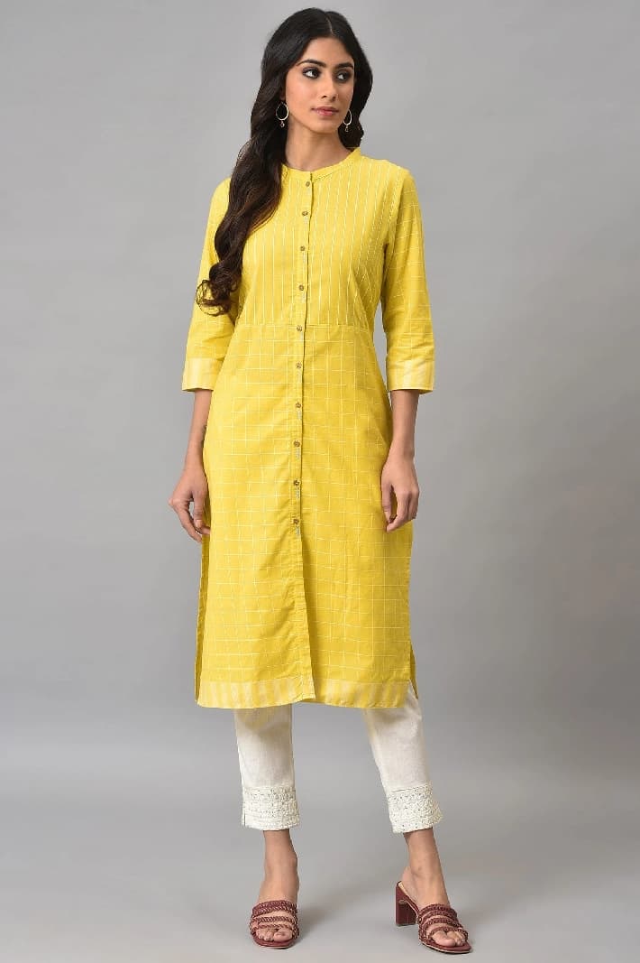 Women's Yellow Casual Printed Regular Fit Kurta