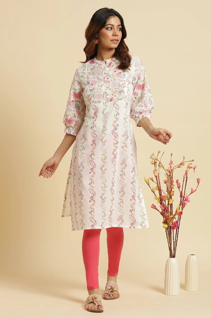 Women's White Casual Printed Regular Fit Kurta