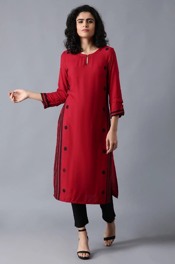 Women's Red Casual Printed Regular Fit Kurta