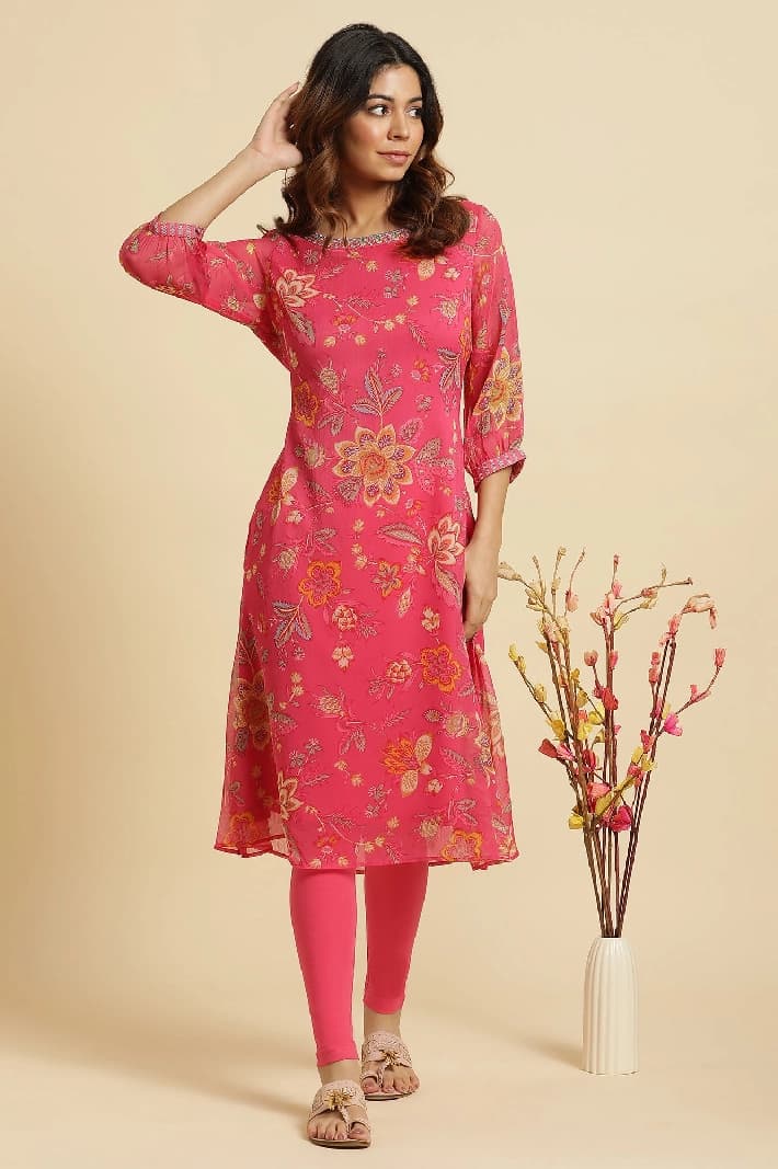 Women's Pink Casual Printed Regular Fit Kurta