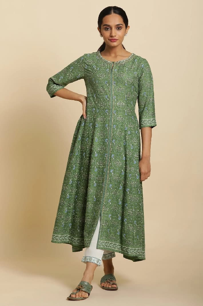 Women's Green Festive Printed Regular Fit Kurta