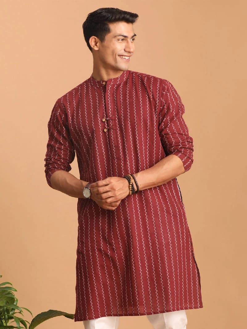 Men's Red Festive Striped Kurta