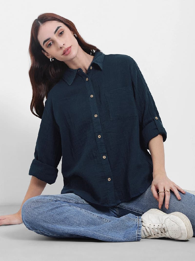 Women's Navy Blue Casual Oversized Fit Solid Full Sleeves Shirt