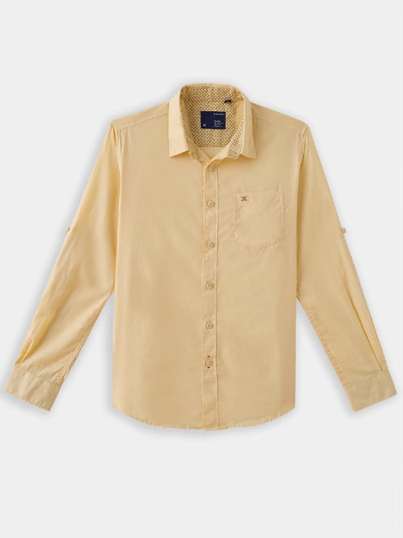 Boys Yellow Casual Full Sleeves Solid Twill Shirt