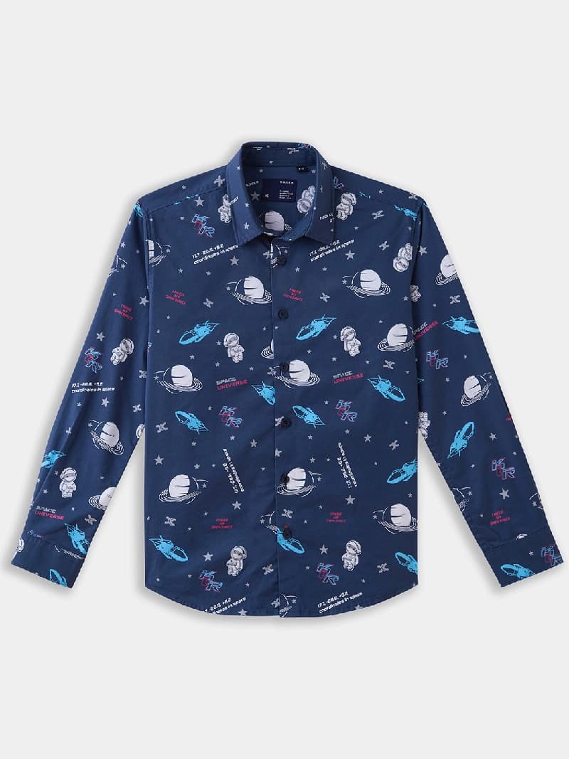 Boys Blue Casual Full Sleeves Printed Twill Shirt