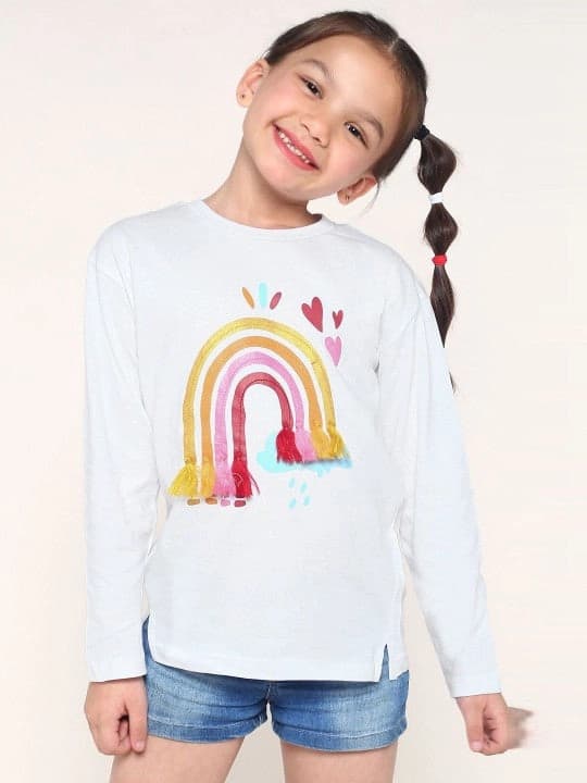 Girls White Casual Printed Regular Fit Full Sleeves Tshirt