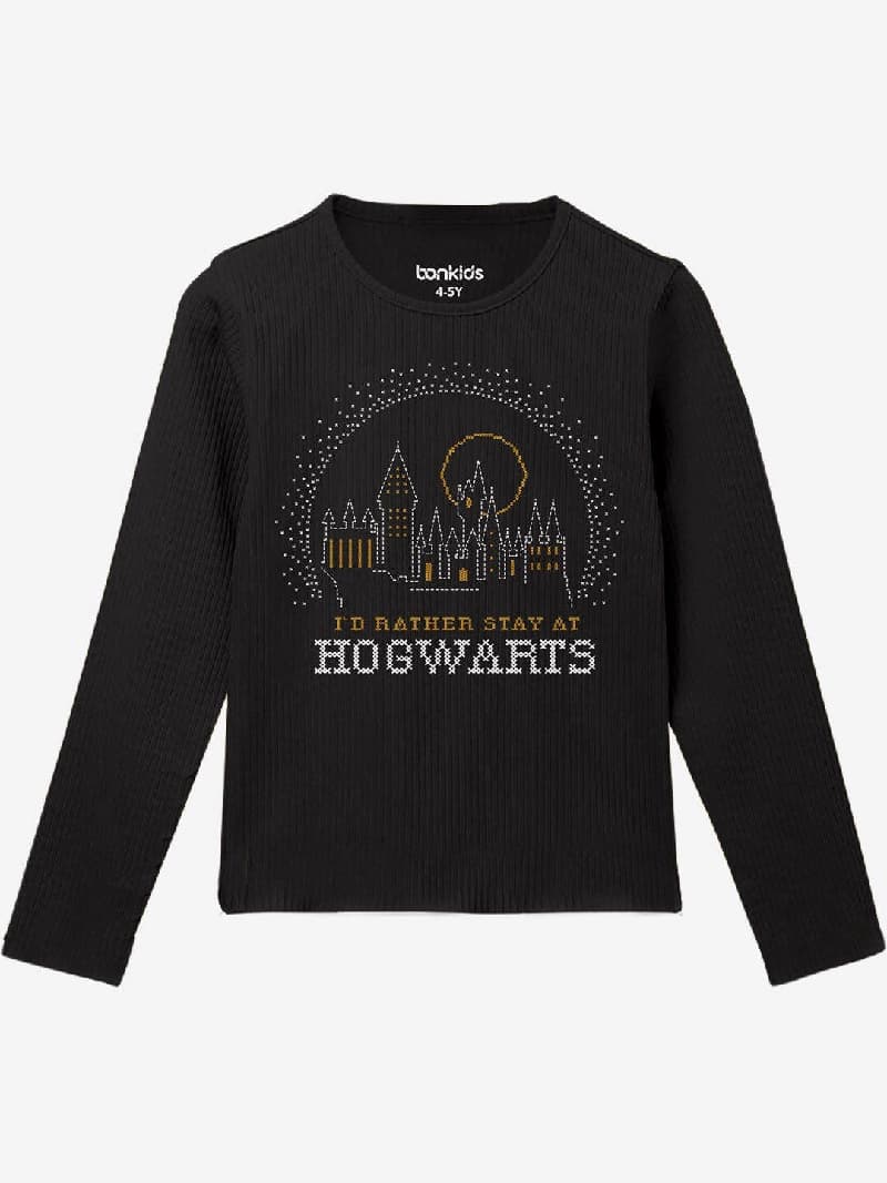 Girls Black Casual Printed Regular Fit Full Sleeves Tshirt