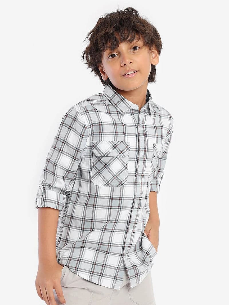 Boys Grey Casual Printed Regular Fit Full Sleeves Shirt
