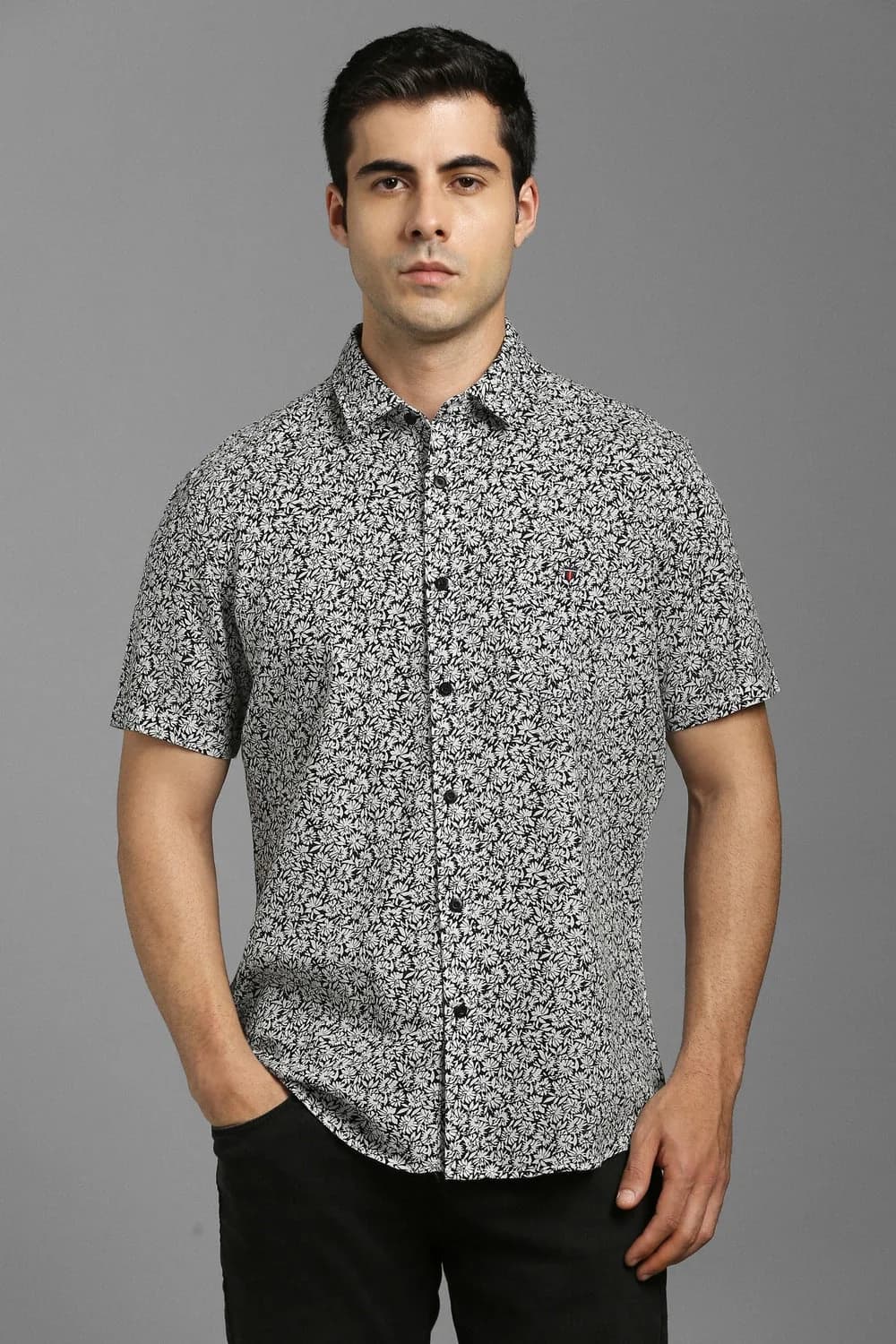 Men's Grey Casual Printed Slim Fit Cotton Shirt