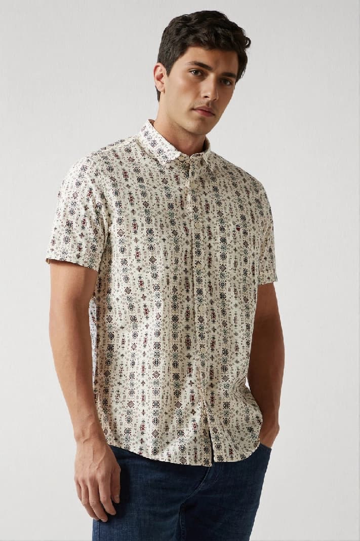 Men's Beige Casual Printed Slim Fit Shirt