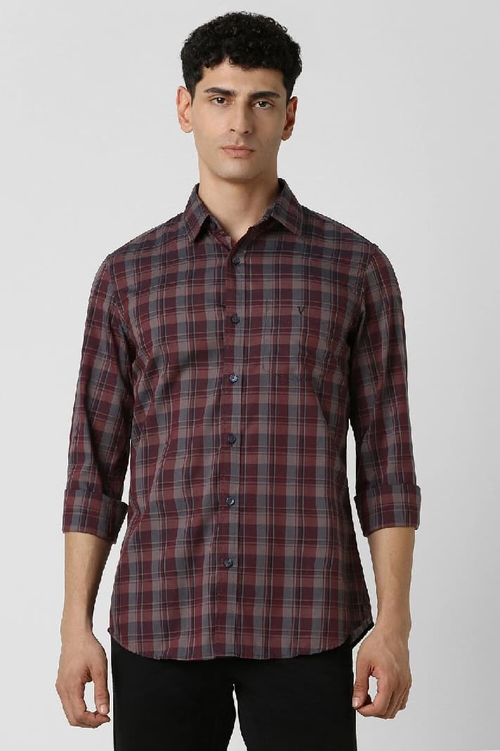 Men's Red Casual Checked Slim Fit Shirt