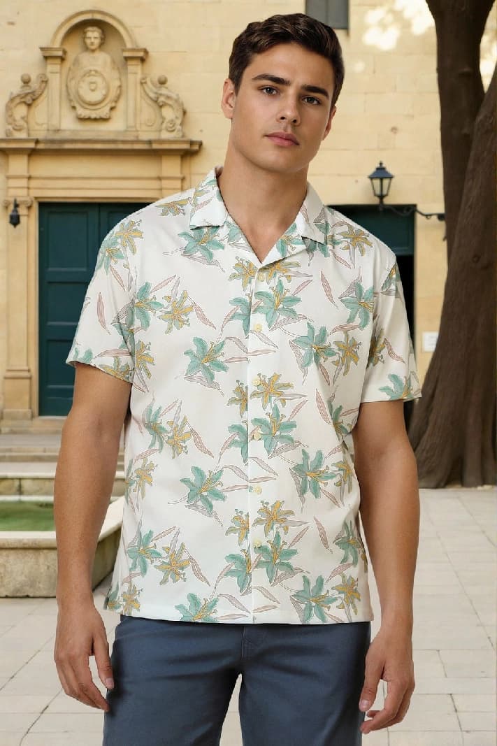 Men's White Party Printed Regular Fit Shirt