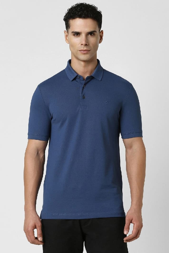 Men's Blue Casual Solid Regular Fit Polo Tshirt