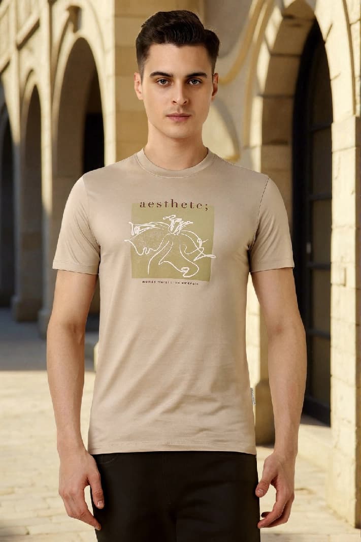 Men's Beige Casual Printed Slim Fit Tshirt