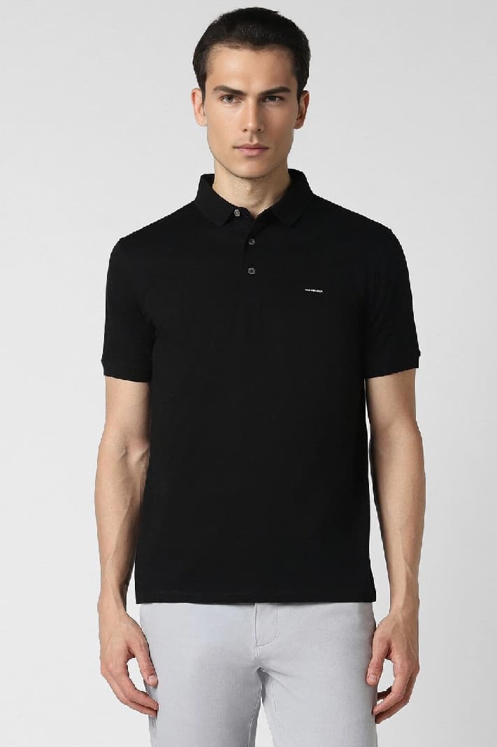 Men's Black Casual Solid Regular Fit Polo Tshirt