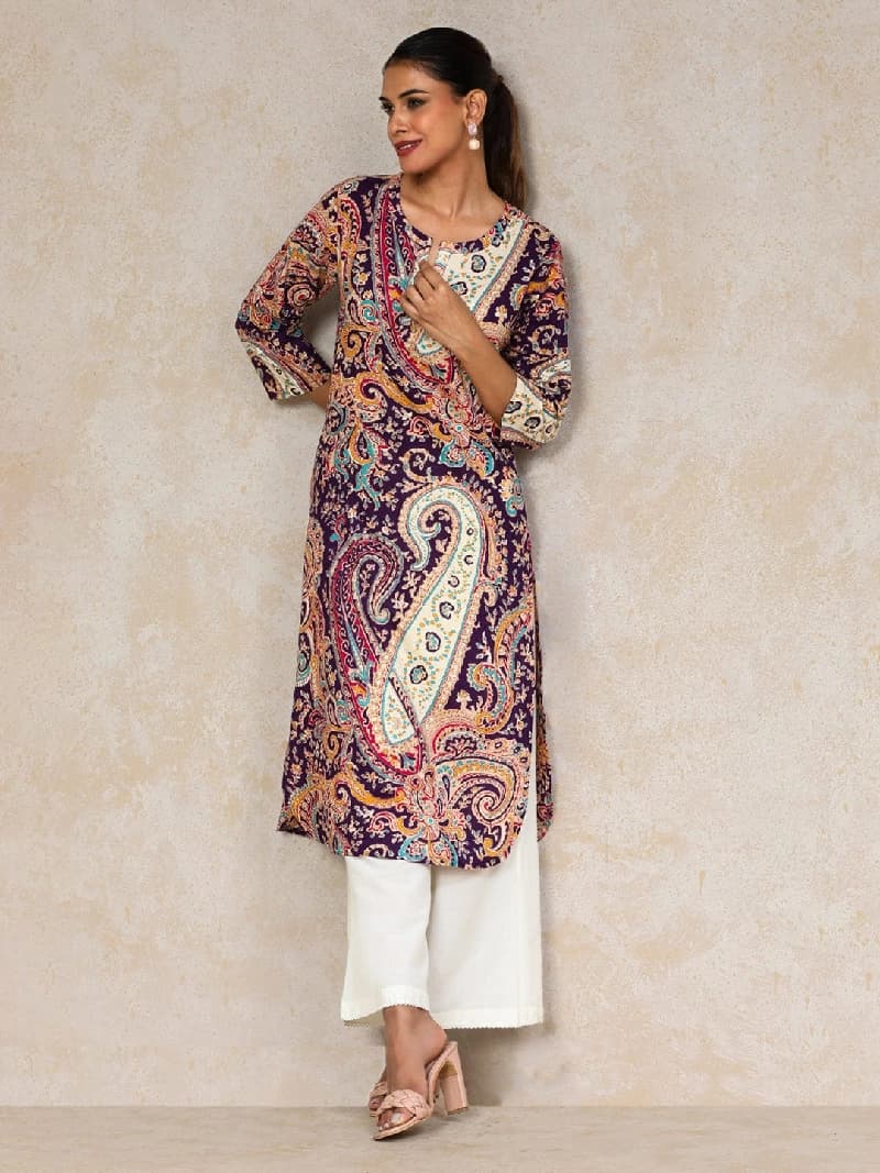 Women's Purple Festive Printed Regular Fit Kurta