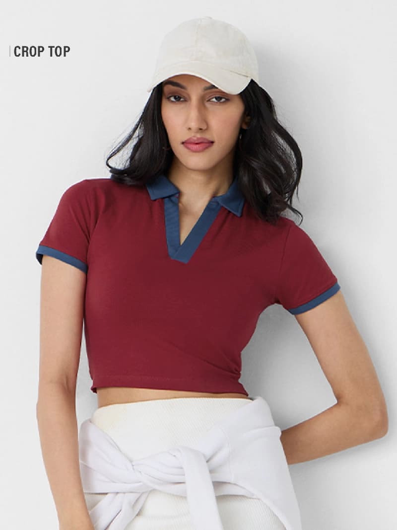 Women's Red Casual Solid Slim Fit Polo Tshirt