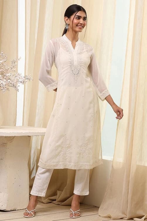 Women's White Festive Regular Fit Kurta