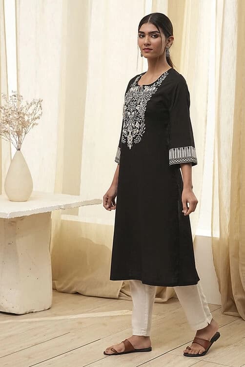 Women's Black Festive Regular Fit Kurta